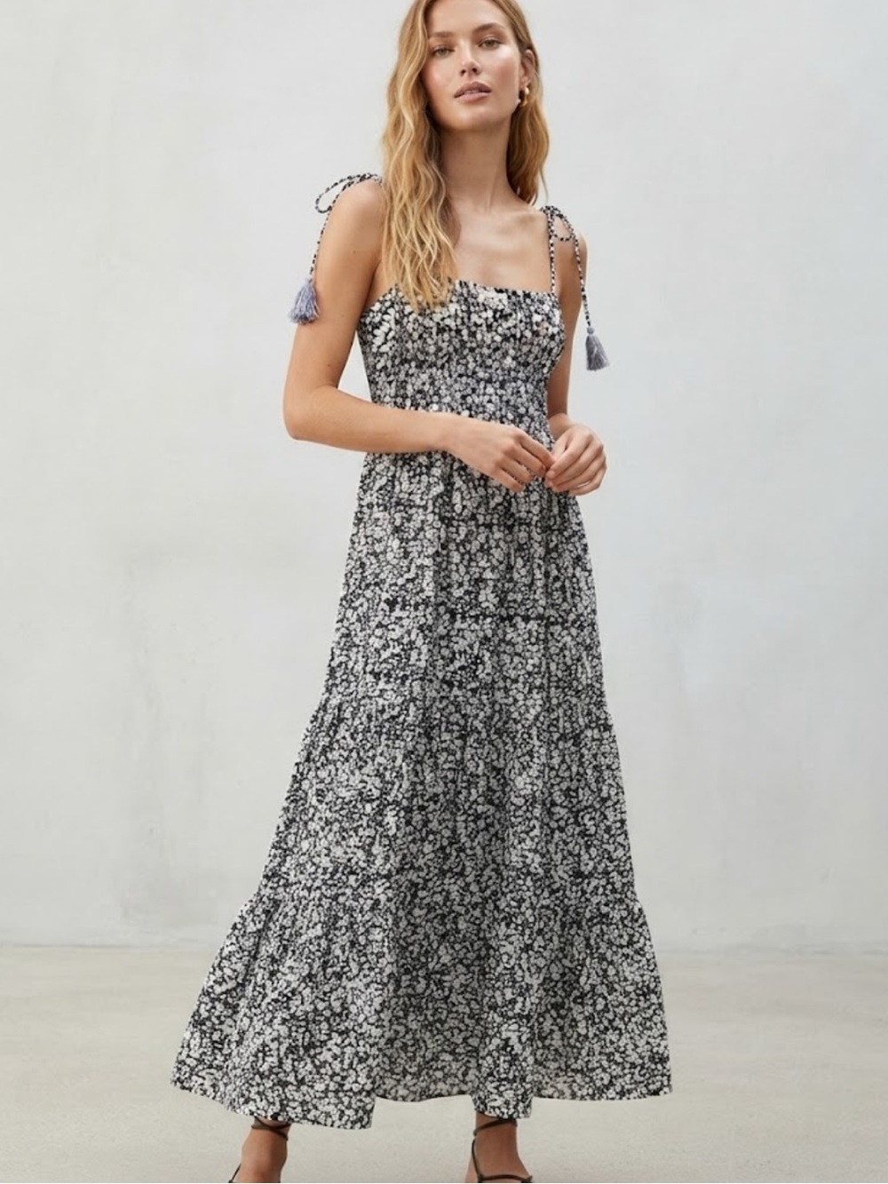 Mirth Mykonos Maci Dress with Tassel Detail in Navy Blue Flowers